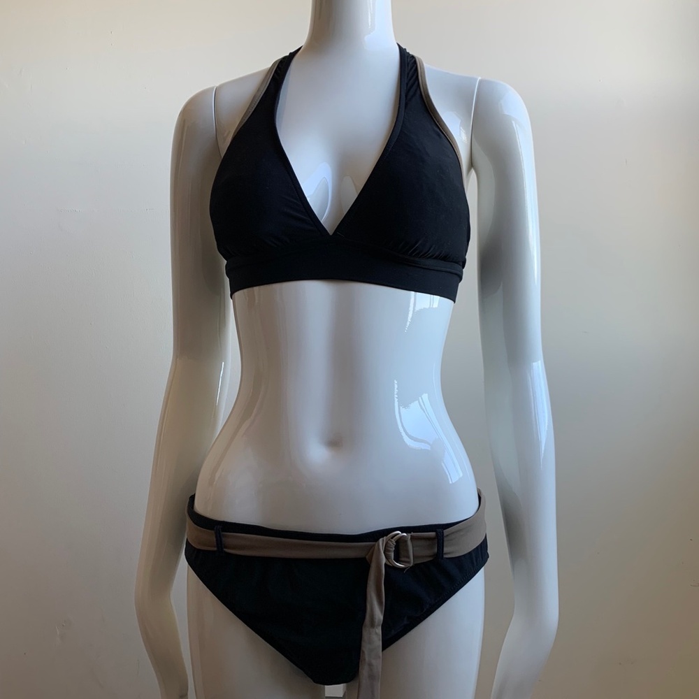 Leilani black halter full coverage belted halter bikini